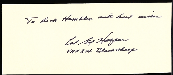 Autographed Col. Ed Harper 3-¼” x 7-½” Index-Style Card- Member of WWII “Black Sheep Squadron”