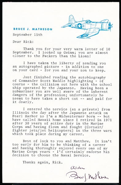 Autographed Bruce Matheson 5-½” x 8-½” Typed Letter Signed- Member of WWII “Black Sheep Squadron”