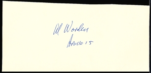 Autographed Al Worden Apollo 15 Astronaut 3-½” x 7-½” Slightly Irregular Cut Signature on Index-Style Card