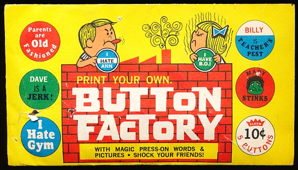 1970 Fleer “Button Factory”- One Unopened Pack- 5 buttons in pack