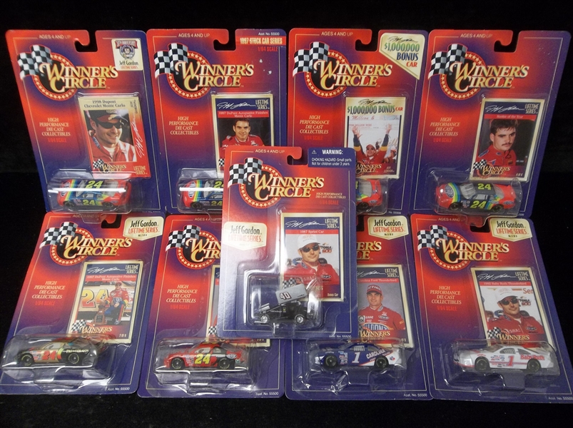 1997 Kenner/Winner’s Circle Jeff Gordon NASCAR Lifetime Series Set of 6 Retail 1:64 Cars and Trading Cards in Packaging + 3 Extra Cars/Cards