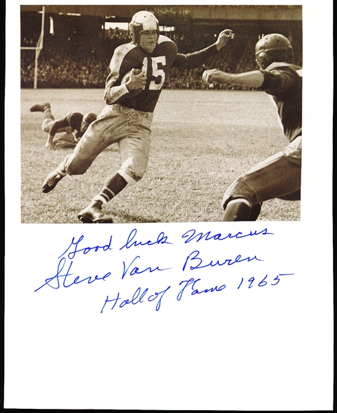 Autographed Steve Van Buren Philadelphia Eagles NFL 8” x 10” Backer Board with B/W Action Photo