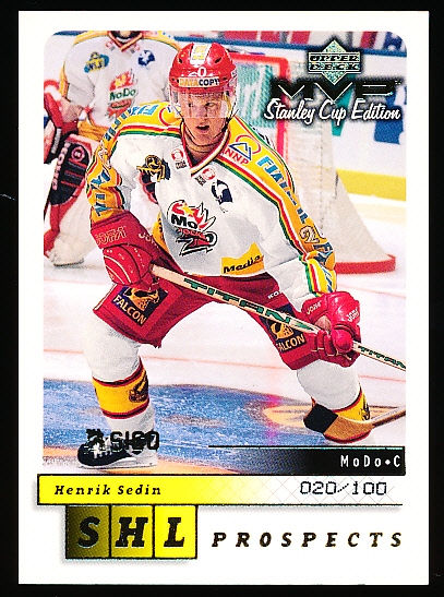 1999-00 UD MVP Stanley Cup Ed. SICO Hockey- “Gold Script” Parallel- #218 Henrik Sedin, Modo- #20/100