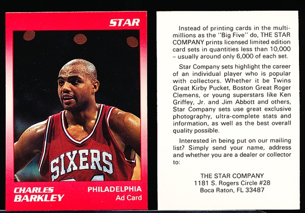 1990/91 Star Co. Basketball- Ad Card- Charles Barkley, Phila- 90 Cards