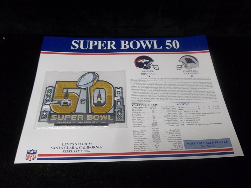 Super Bowl 50 Willabee & Ward Patch- Broncos 24 Panthers 10 @ Santa Clara, CA.