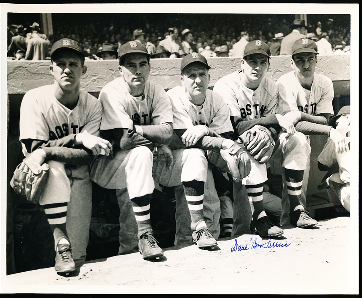 Autographed Dave “Boo” Ferriss Later 1940’s Boston Red Sox Dugout Picture with Other Players