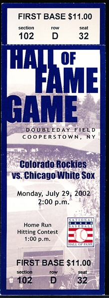 2002 MLB Hall of Fame Game Full Ticket- Colorado Rockies vs. Chicago White Sox