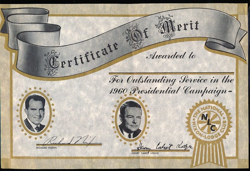 1960 The National Nixon-Lodge Club Presidential Non-Sports 6” x 9” “Certificate of Merit” Send-Out