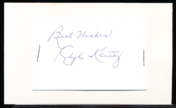 Autographed Clyde Kluttz MLB Cut Signature Stapled to an Index Card