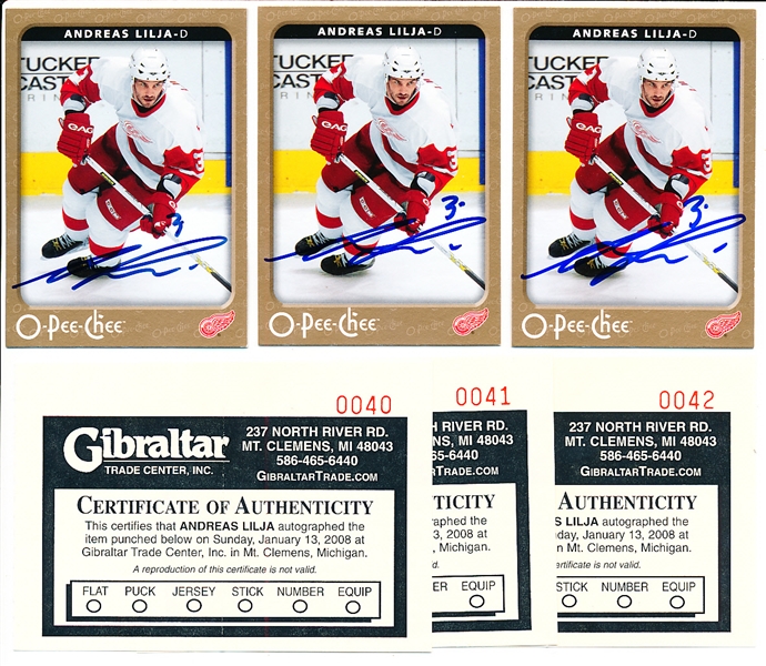 Autographed 2006-07 O-Pee-Chee Hockey- #187 Andreas Lilja, Red Wings- 3 Cards