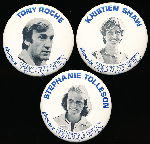 1975 Phoenix Racquets WTT (World Team Tennis)- 3 Diff. 3-3/8” Diameter Player Buttons