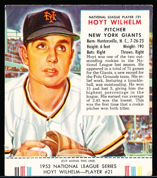 1953 Red Man Tobacco Bb with Tab- NL #21 Hoyt Wilhelm, Giants