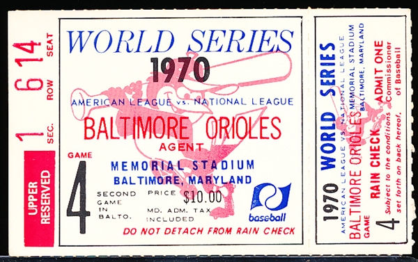 October 14, 1970 World Series MLB Ticket Stub- Cincinnati Reds @ Baltimore Orioles