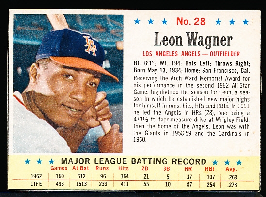 1963 Post Cereal Bb- #28 Leon Wagner, Angels- (Lifetime Avg .278 Variation)