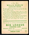 1933 Goudey Baseball- #96 Willis Hudlin, Cleveland Indians