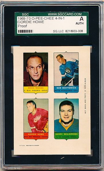 1969-70 O-Pee-Chee Hockey 4 in 1 Proof- No Perforations- Doug Mohns/ Bob Woytowich/ Gordie Howe/ Gerry Desjardens- SGC A (Authentic)
