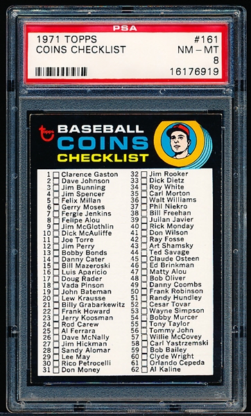 1971 Topps Baseball- #161 Coins Checklist- PSA NM-MT 8- 65/35 centering