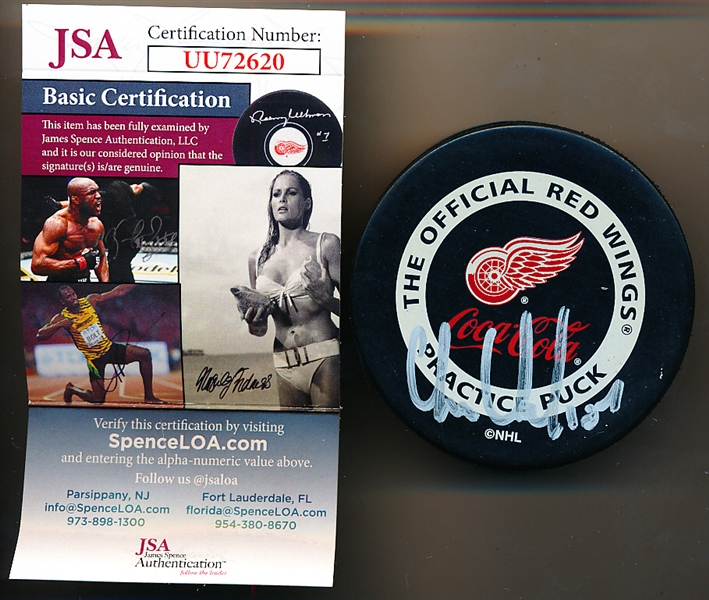 Autographed Chris Chelios Detroit Red Wings/Coca-Cola Practice Puck- JSA Certified