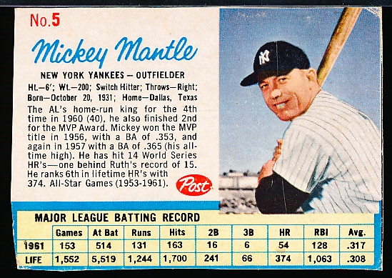 1962 Post Cereal Bb- #5 Mickey Mantle, Yankees- Box Version