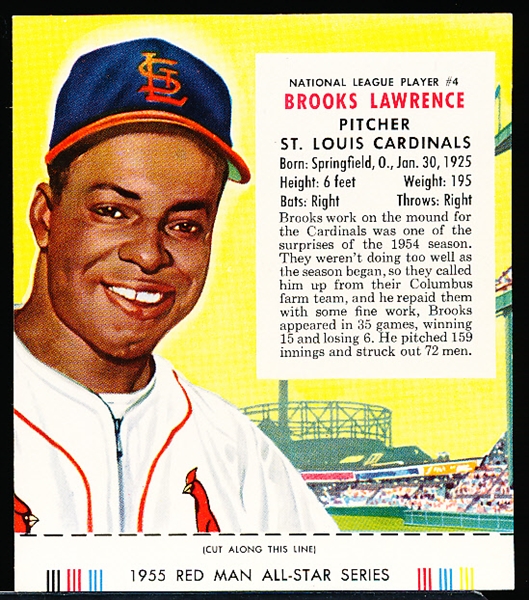 1955 Red Man Tobacco with Tab- NL #4 Brooks Lawrence, Cardinals