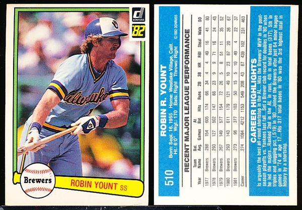 1982 Donruss Baseball- #510 Robin Yount, Brewers- 135 Cards