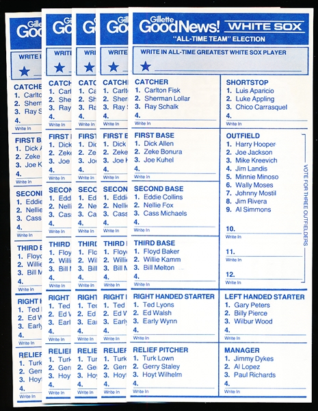 1983 Gillette Good News Chicago White Sox “All-Time Team” Election Punch-Out Ballots- 5 Ballots