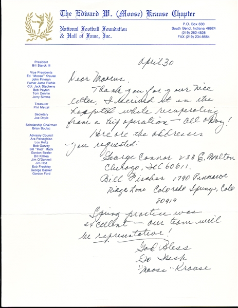 Autographed “Moose” Krause Handwritten 1 Page Letter on National Football Foundation & Hall of Fame Stationary