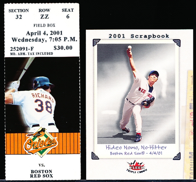 April 4, 2001 Boston Red Sox @ Baltimore Orioles MLB Ticket Stub- Hideo Nomo No-Hitter!