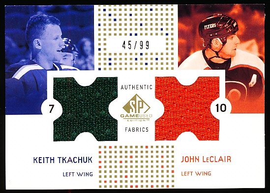 2003 SP Game Used Ed. Hockey- Dual Fabrics Gold- #CF-TL Keith Tkachuk (Blues)/ John LeClair (Flyers)- #45/99