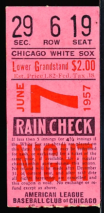 June 7, 1957 Chicago White Sox Ticket Stub