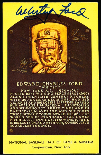 Autographed Whitey Ford Baseball HOF Yellow Plaque Postcard