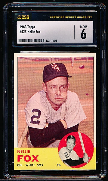 1963 Topps Baseball- #525 Nellie Fox, White Sox- CSG 6 (Ex/NM)– Hi#