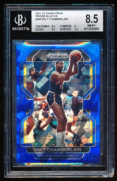 2021-22 Panini Prizm Bask- Prism Blue Ice- #260 Wilt Chamberlain- Beckett 8.5 (Nm-Mt+)- #056/125