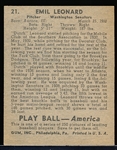1939 Playball Bb- #21 Emil “Dutch” Leonard, Washington- Name in Upper Case Back