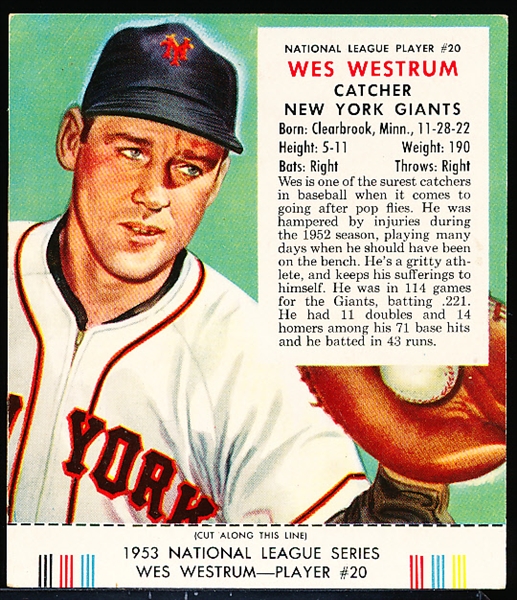 1953 Red Man Tobacco Bb-With Tab- NL #20 Wes Westrum, Giants