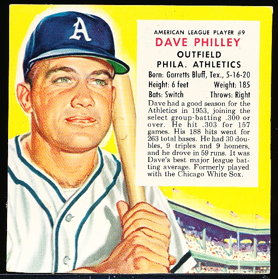 1954 Red Man Tobacco Bb- No Tab- AL #9 Dave Philley, Phila A’s Variation