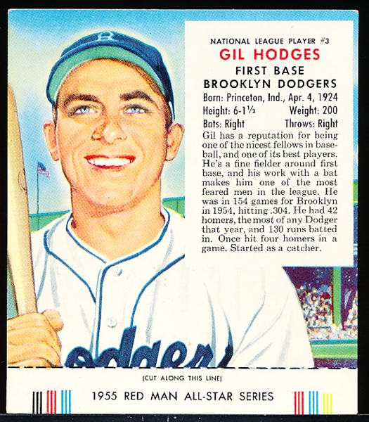 1955 Red Man Tobacco Bb- With Tab- NL #3 Gil Hodges, Brooklyn