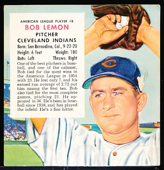 1955 Red Man Tobacco Bb- No Tab- AL #8 Bob Lemon, Cleveland