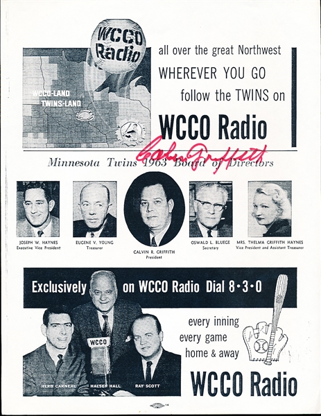 Autographed Calvin Griffith Minnesota Twins Reprinted 8” x 10” 1963 Radio Advertising Page