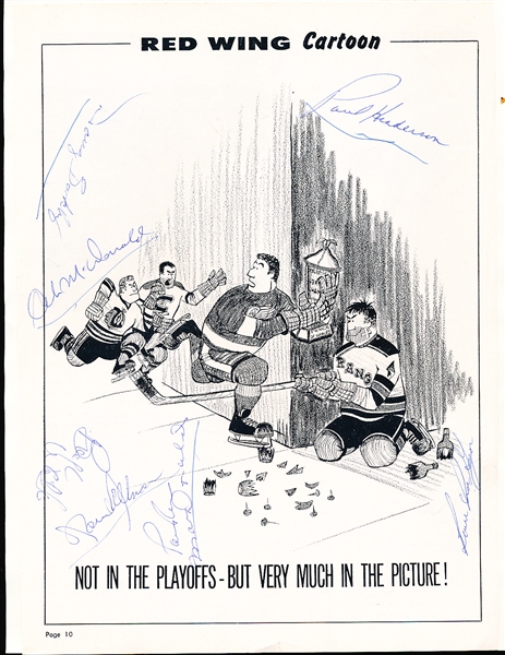 Autographed 1965-66 Detroit Red Wings 8” x 11” Cartoon Page- Signed by 7- JSA LOA