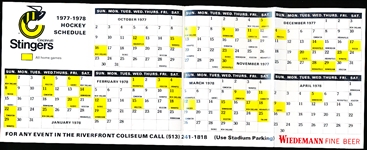 1977-78 Wiedemann Cincinnati Stingers WHA Hockey Schedule