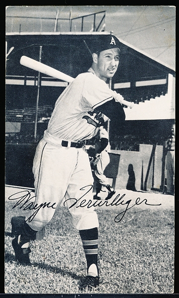 Autographed Wayne Terwillger 1950’s K. C. or Philadelphia Athletics B/W 3-¼” x 5-½” Team Issued? Photo Postcard