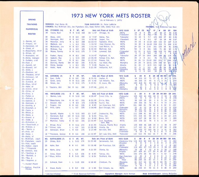 Autographed 1973 New York Mets MLB Roster and Schedule- Signed by 4 Mets Players/ Manager, inc. Yogi Berra