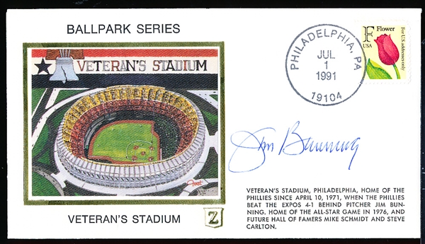 Autographed July 1, 1991 Veteran’s Stadium MLB Z-Cachet Envelope- Signed by Jim Bunning