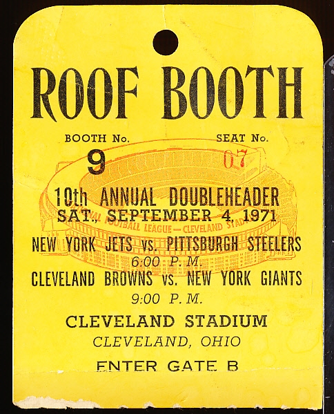 September 4, 1971 NFL 10th Annual Doubleheader “Roof Booth” Ticket Stub @ Cleveland Stadium