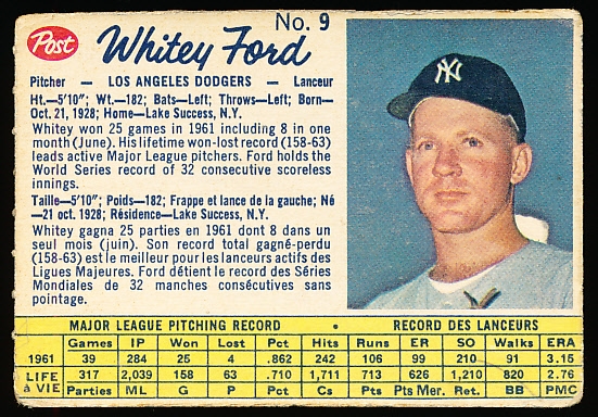 1962 Post Cereal Canadian Bb- #9 Whitey Ford, Los Angeles Dodgers