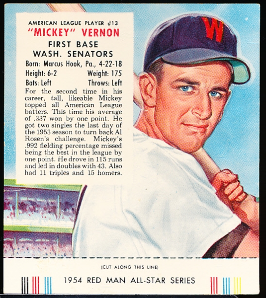 1954 Red Man Tobacco Bb with Tab- AL #13 Mickey Vernon, Washington- May expiration back.