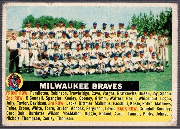 1956 Topps Bb- #95 Milwaukee Braves- Name Centered- Gray Back
