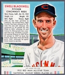 1952 Red Man Tobacco Bb with Tab- NL #3 Ewell Blackwell, Cinc Reds- March expiration back