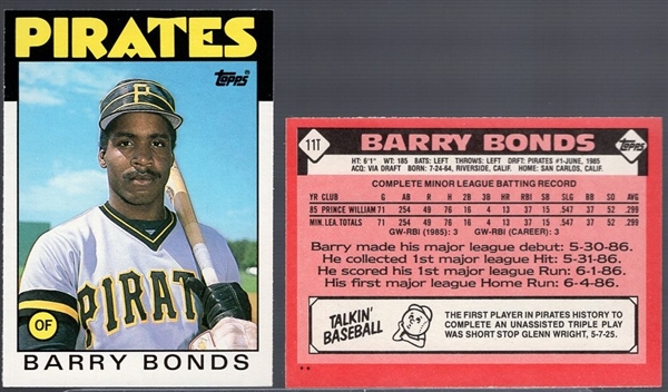 1986 Topps Traded Bb- #11T Barry Bonds, Pirates- 5 Cards